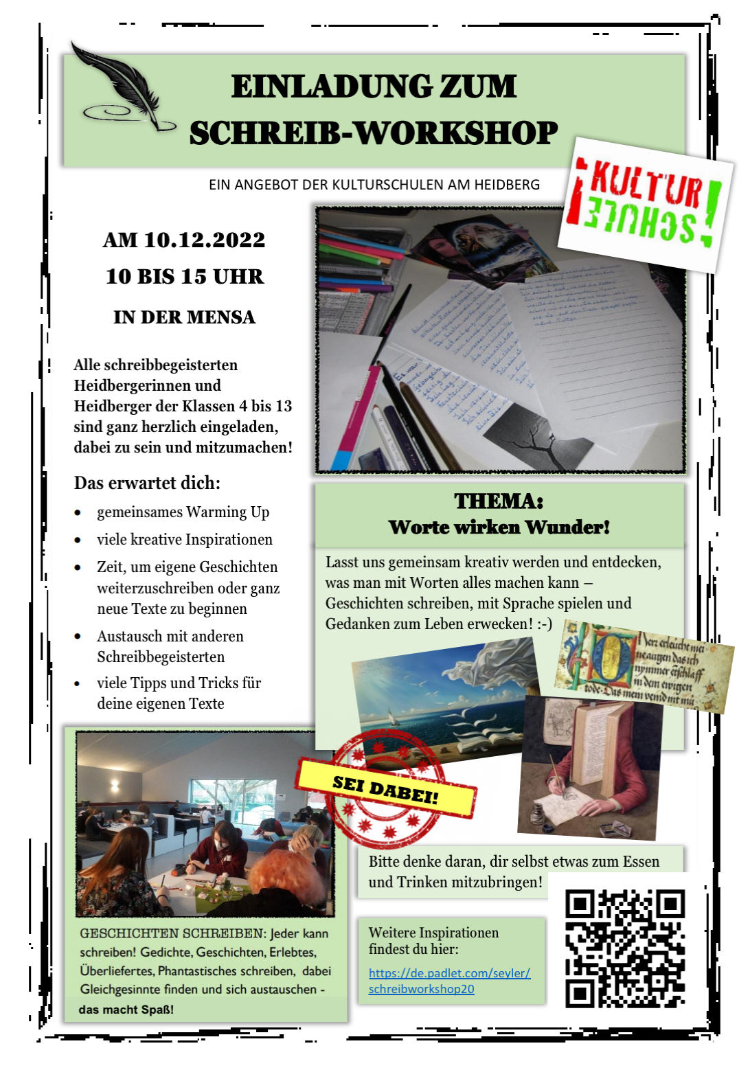 Plakat des Schreibworkshops mit Fotos und Them „Worte wirken Wunder“